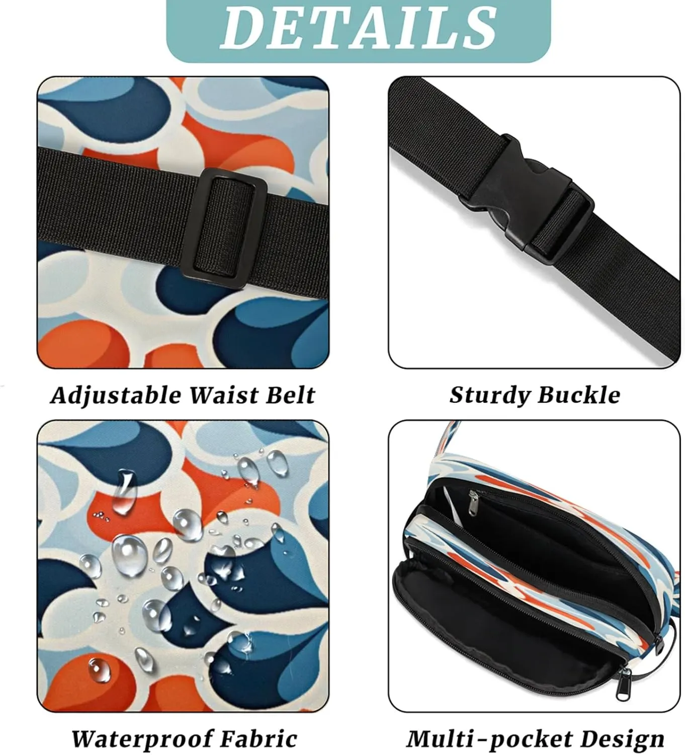 Abstract Petals Waterproof Unisex Square Fanny Pack, Adjustable Waist Bag with Pockets, Sturdy Lightweight Crossbody Bag for Travel, Running, Hiking (9x6.1x2.5 Inches)