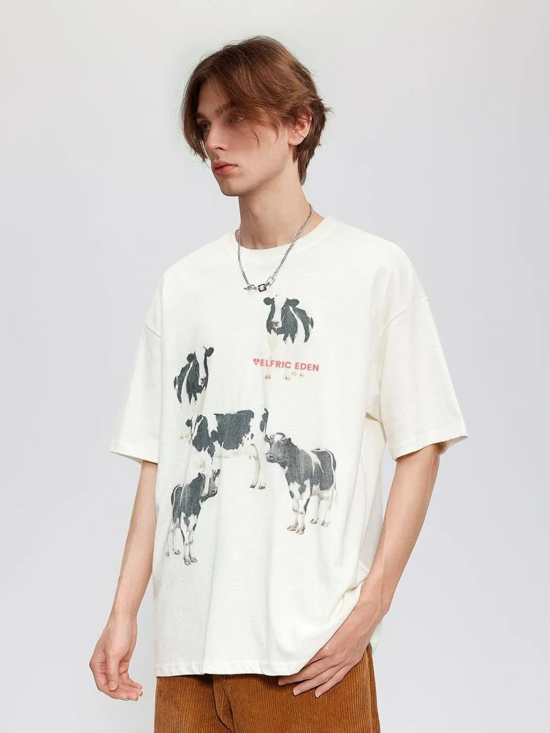 Aelfric Eden Dairy Cow Print Tee Vintage Oversize Shirts Summer Unisex Casual Harajuku Top Tshirt