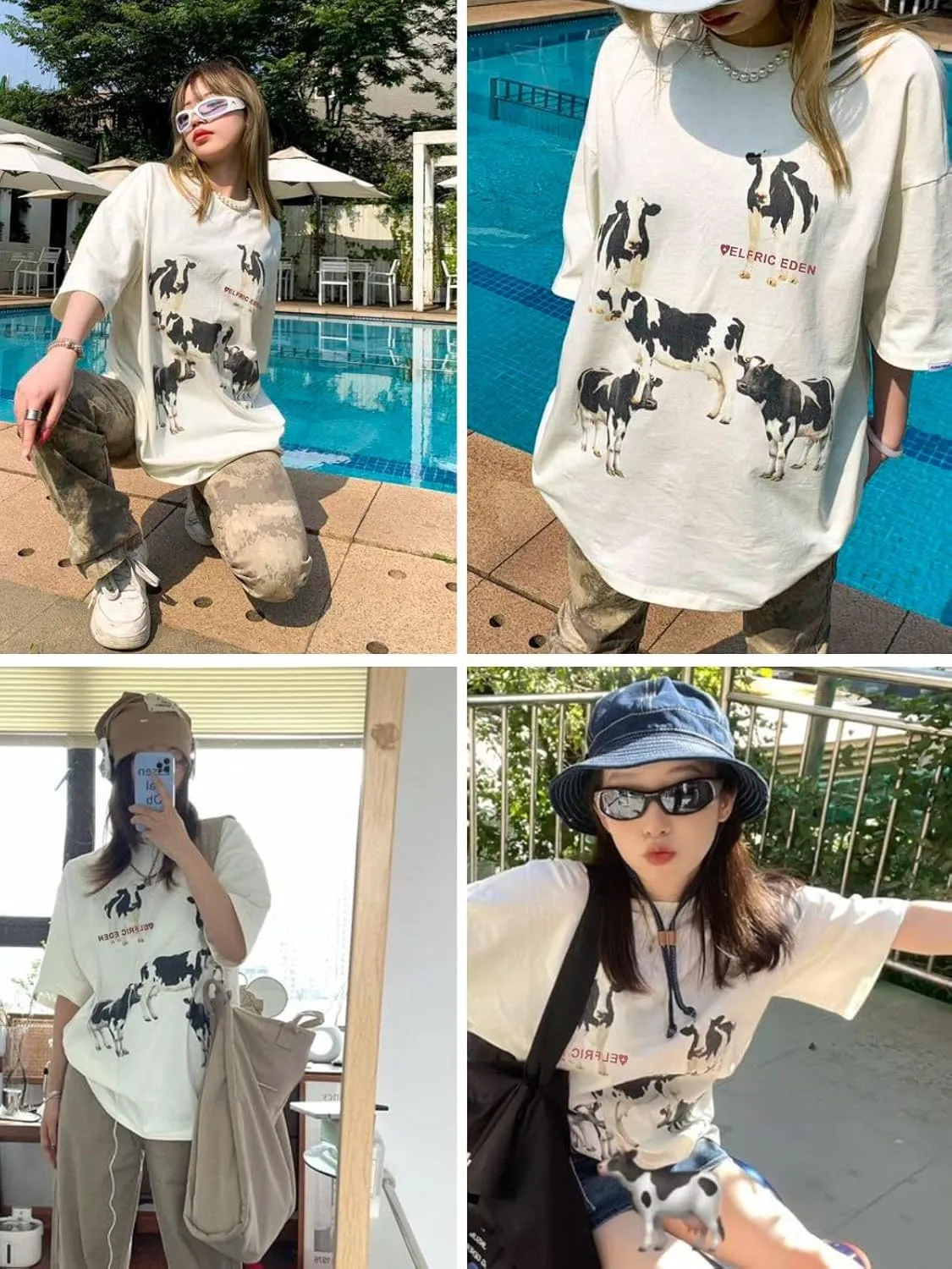 Aelfric Eden Dairy Cow Print Tee Vintage Oversize Shirts Summer Unisex Casual Harajuku Top Tshirt