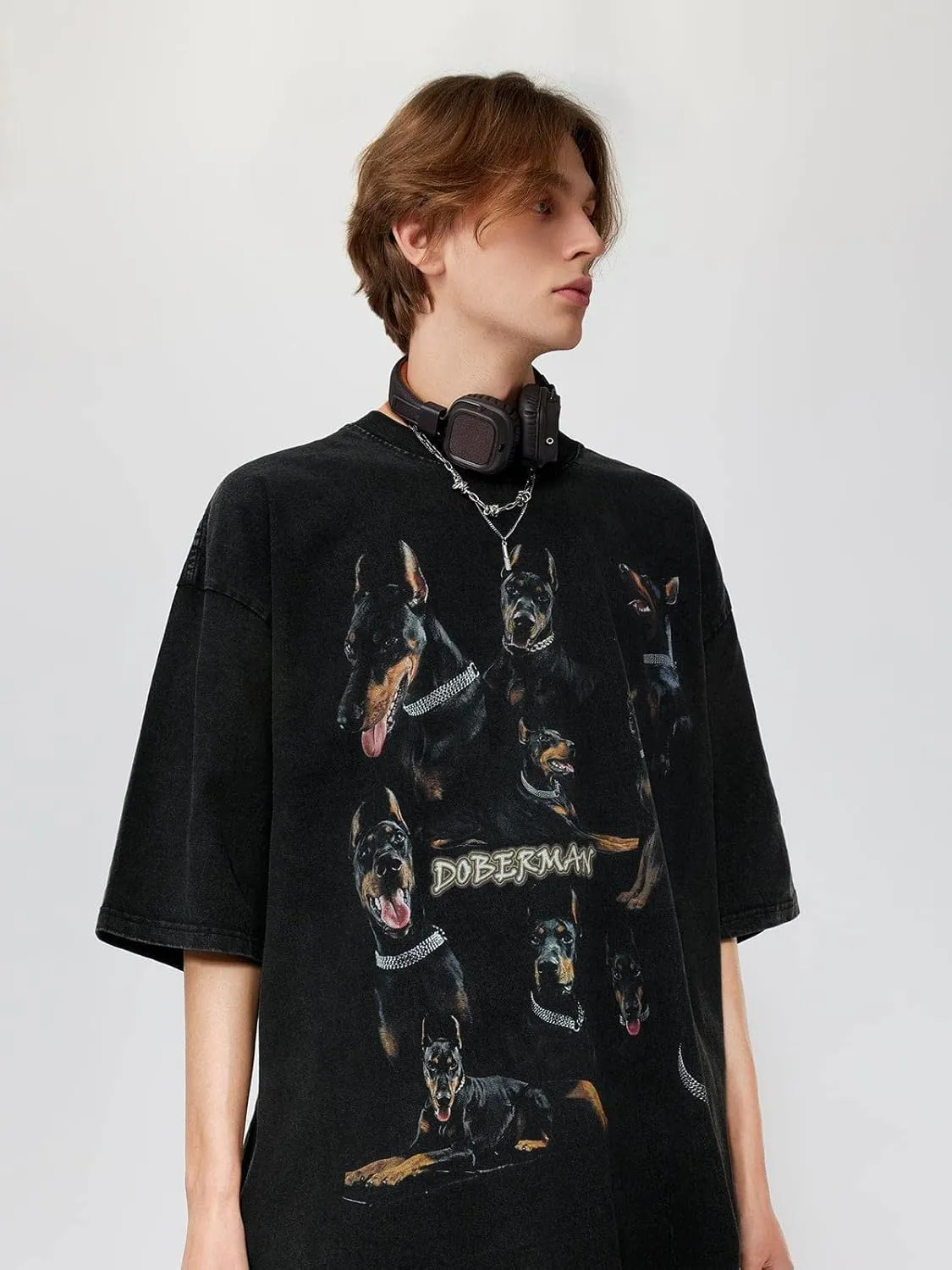 Aelfric Eden Graphic Tees Men Oversized Doberman Shirt Washed Vintage Streetwear Casual Summer Tops T-Shirt Unisex