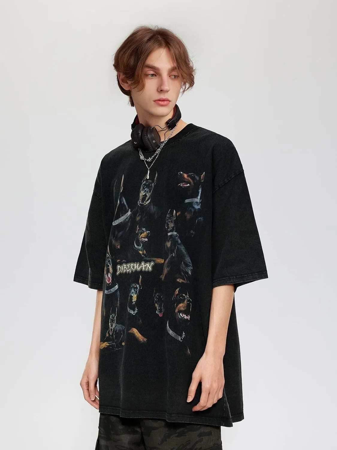 Aelfric Eden Graphic Tees Men Oversized Doberman Shirt Washed Vintage Streetwear Casual Summer Tops T-Shirt Unisex