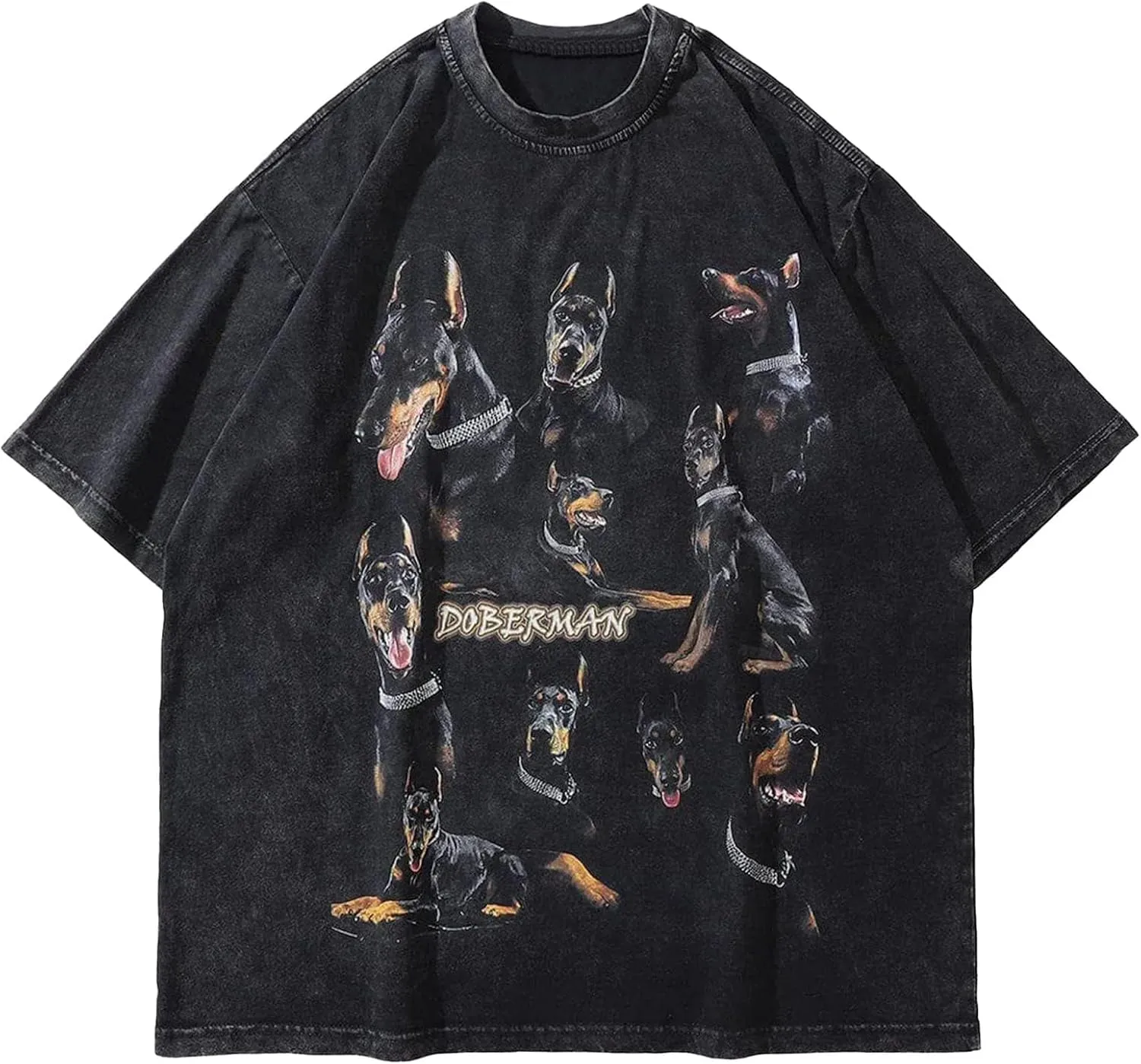 Aelfric Eden Graphic Tees Shirts Oversized Doberman T Shirt Doggy Washed Streetwear Unisex Crewneck Summer Tops