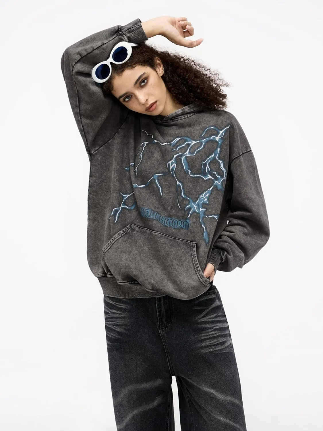 Aelfric Eden Mens Lightning Graphic Hoodies Print Oversized Unisex Streetwear Vintage Hoodie Y2k Sweatshirt Pocket Pullover