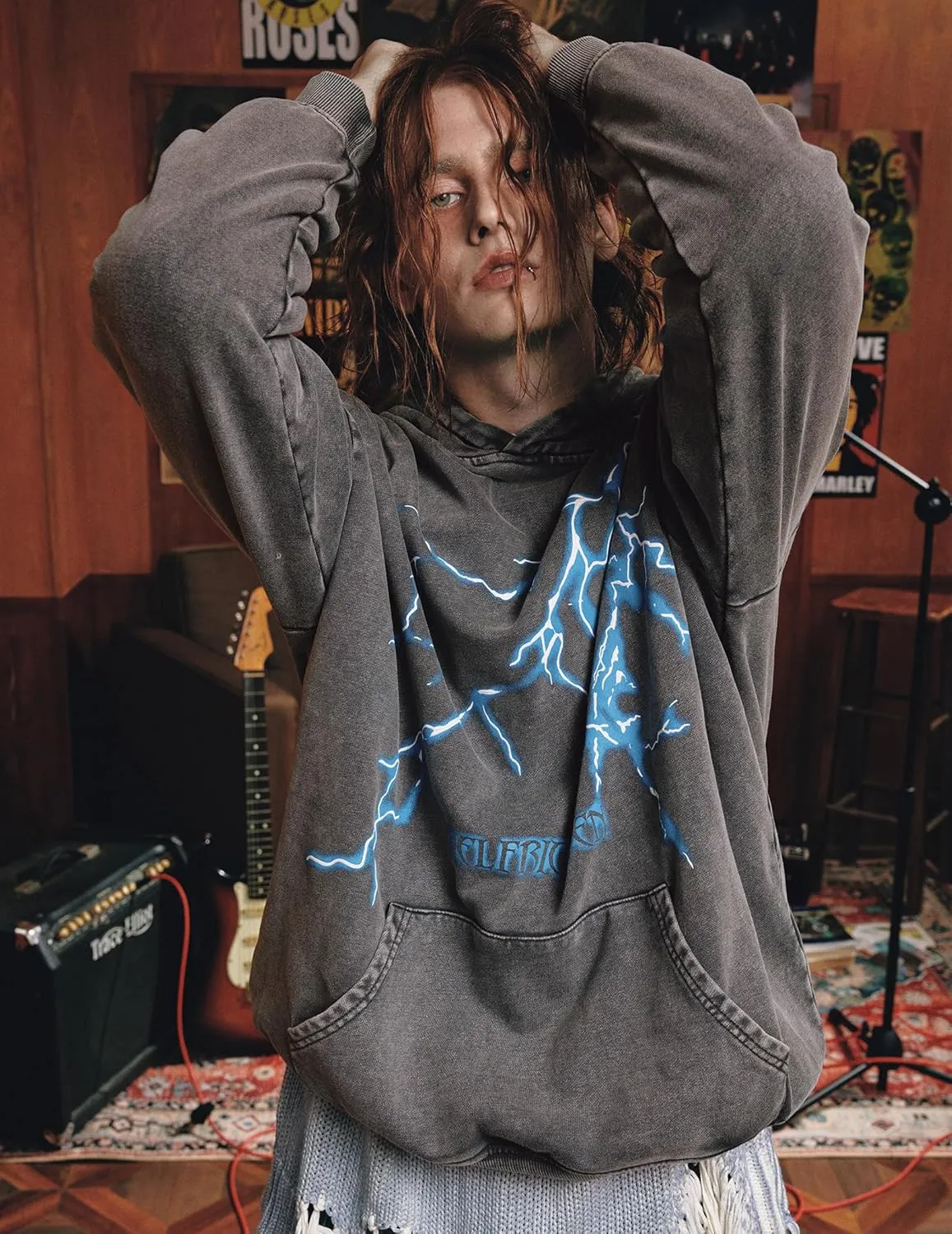 Aelfric Eden Mens Lightning Graphic Hoodies Print Oversized Unisex Streetwear Vintage Hoodie Y2k Sweatshirt Pocket Pullover