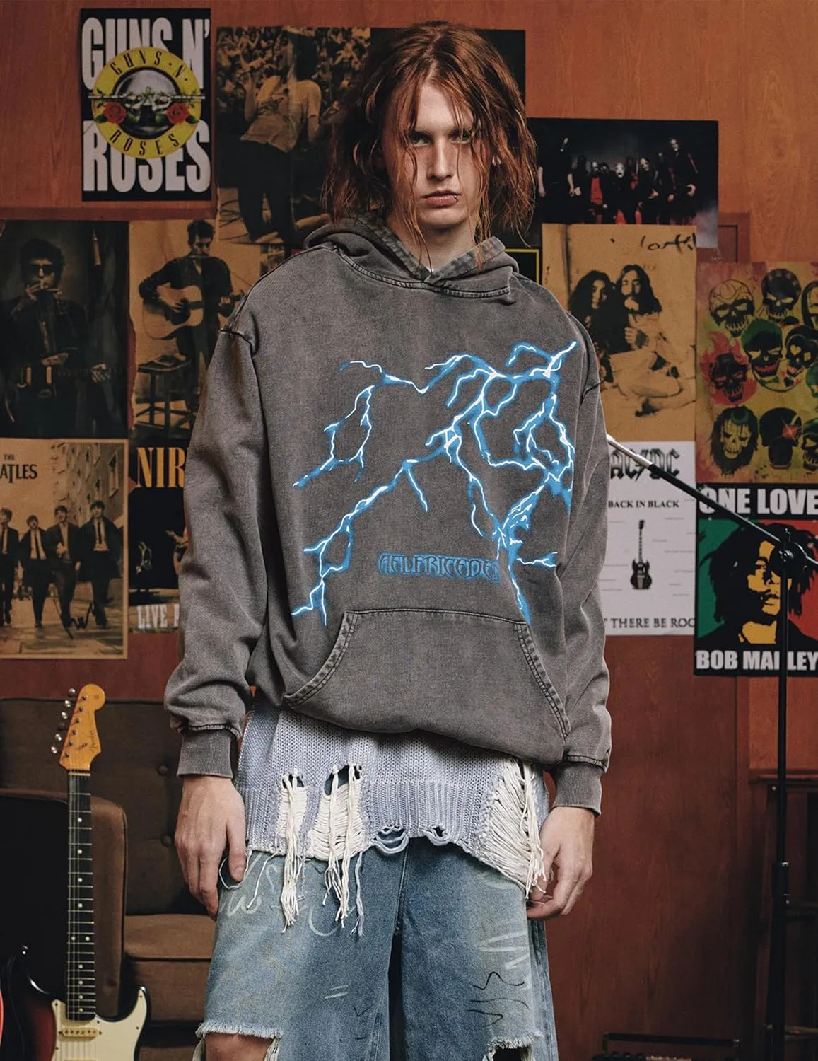 Aelfric Eden Mens Lightning Graphic Hoodies Print Oversized Unisex Streetwear Vintage Hoodie Y2k Sweatshirt Pocket Pullover