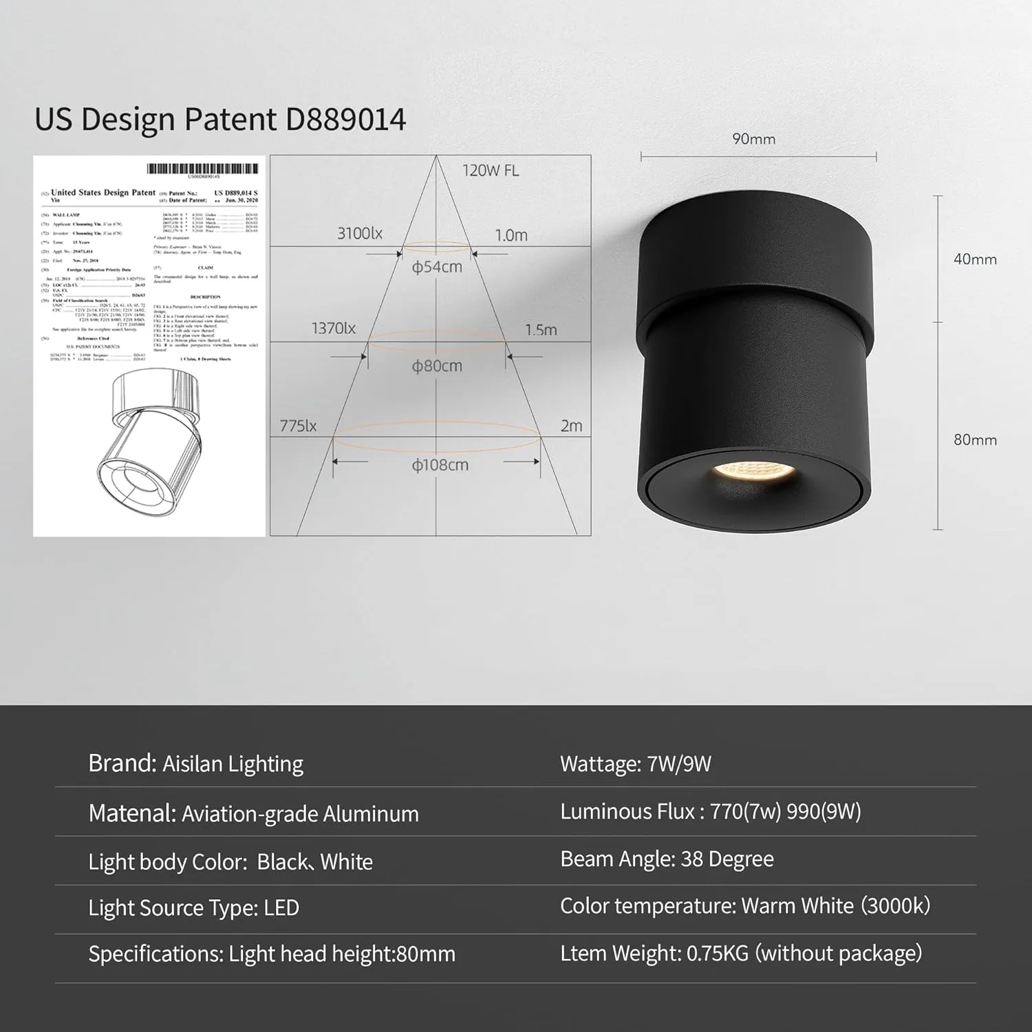 Aisilan 4 Packs LED Dimmable Adjustable Ceiling Spotlight 7W 3000K Aluminum Wired Spotlight Fixtures CRI 97 Surface Mounted Indoor Spot Light for Living Room Hallway Picture Corridor (Black)