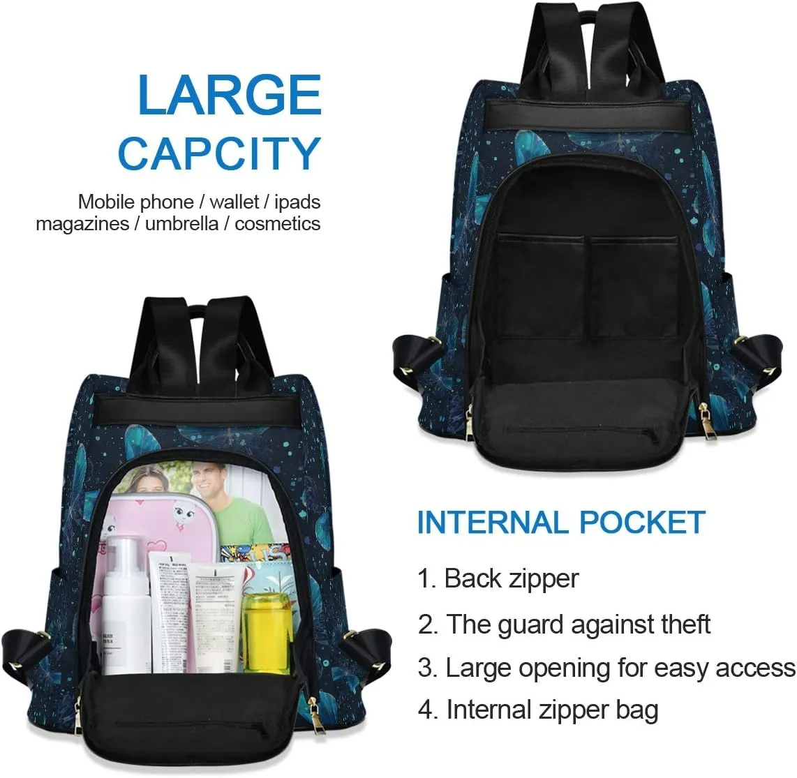 ALAZA Blue Butterflies Backpack Purse for Women Anti Theft Fashion Back Pack Shoulder Bag