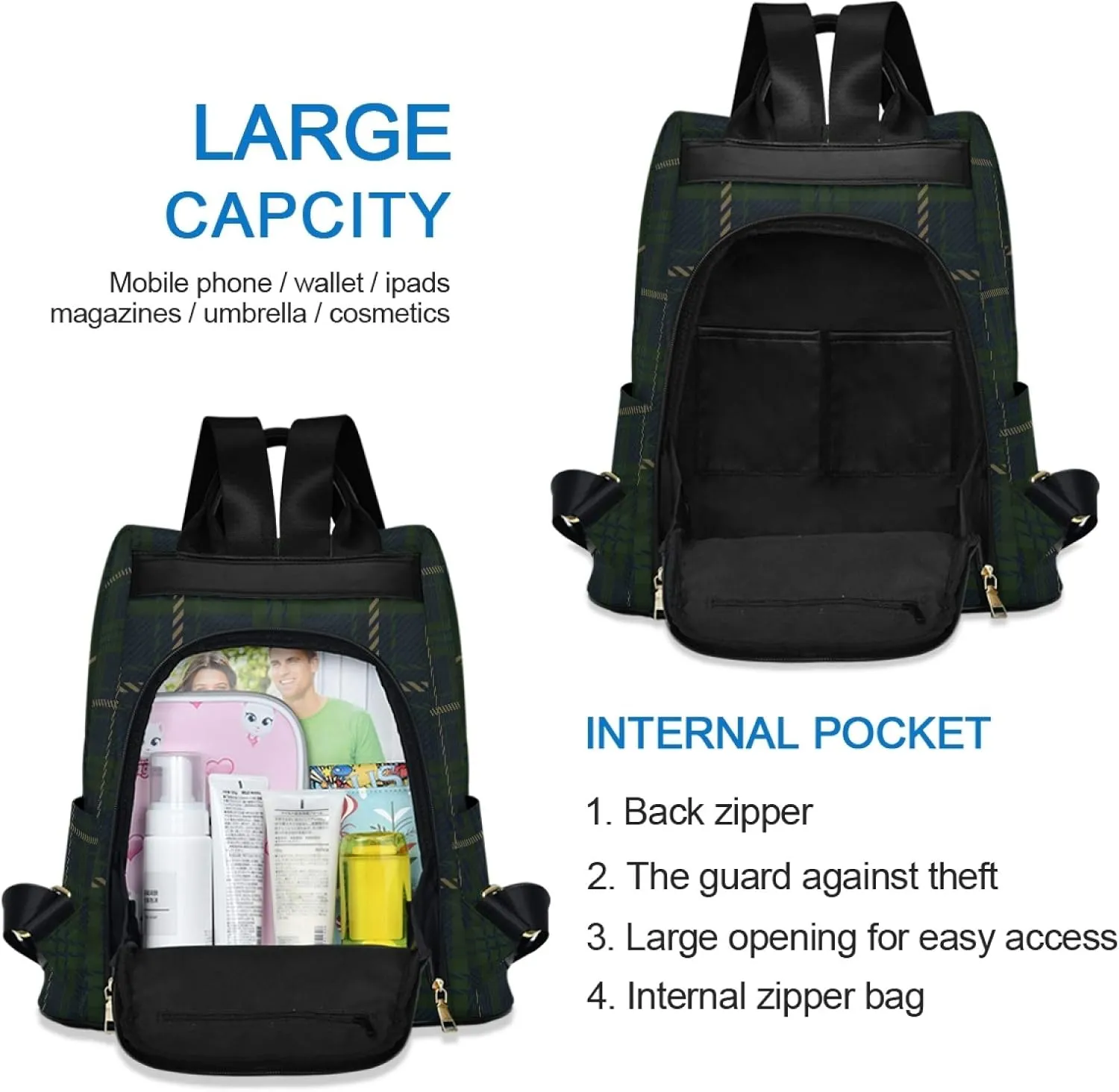 ALAZA Green Navy Blue Flannel Buffalo Plaid Backpack Purse for Women Anti Theft Fashion Back Pack Shoulder Bag