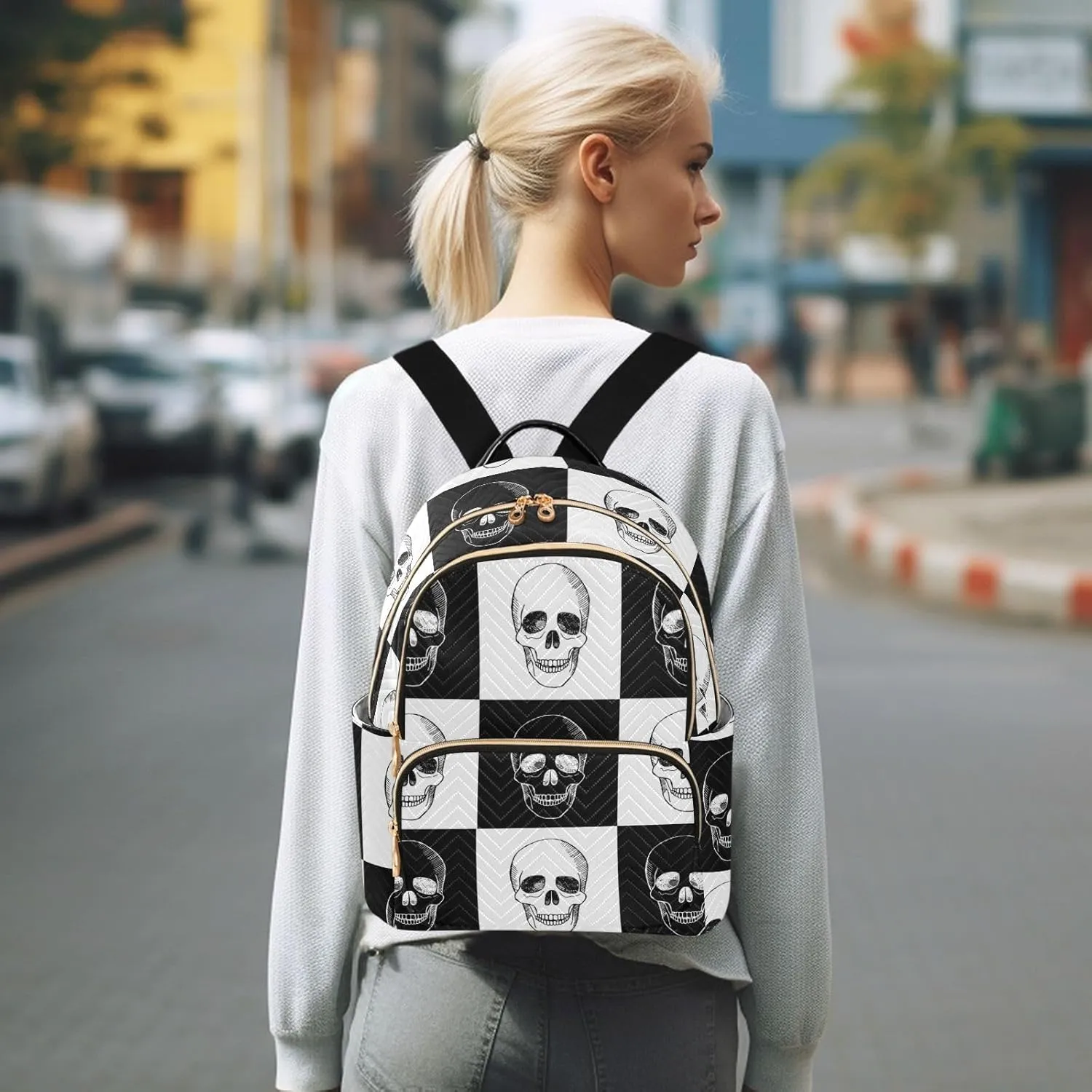 ALAZA Mini Backpack Purse for Women Lightweight Girls Small Size Gothic Skull Black and White School Teens College Traveling