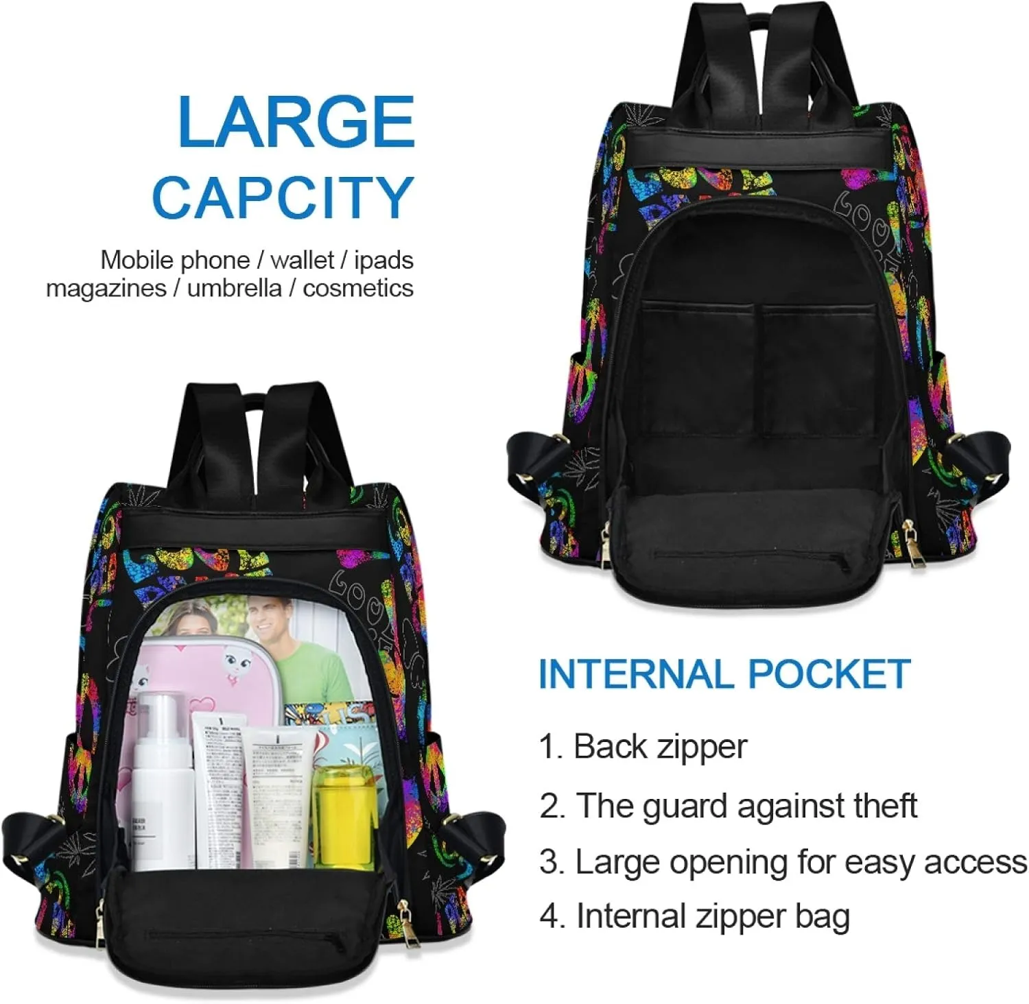 ALAZA Rainbow Peace Love Sign Gesture Backpack Purse for Women Anti Theft Fashion Back Pack Shoulder Bag