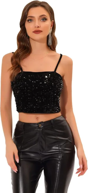Allegra K Sequined Cami Top for Women's Velvet Spaghetti Strap Club Party Crop Tank Tops