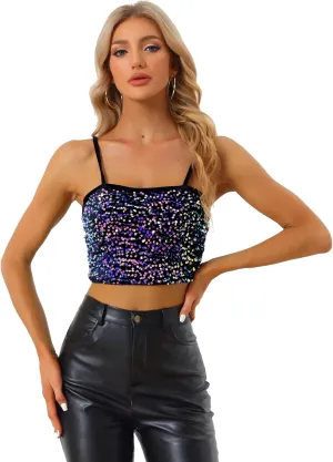 Allegra K Sequined Cami Top for Women's Velvet Spaghetti Strap Club Party Crop Tank Tops