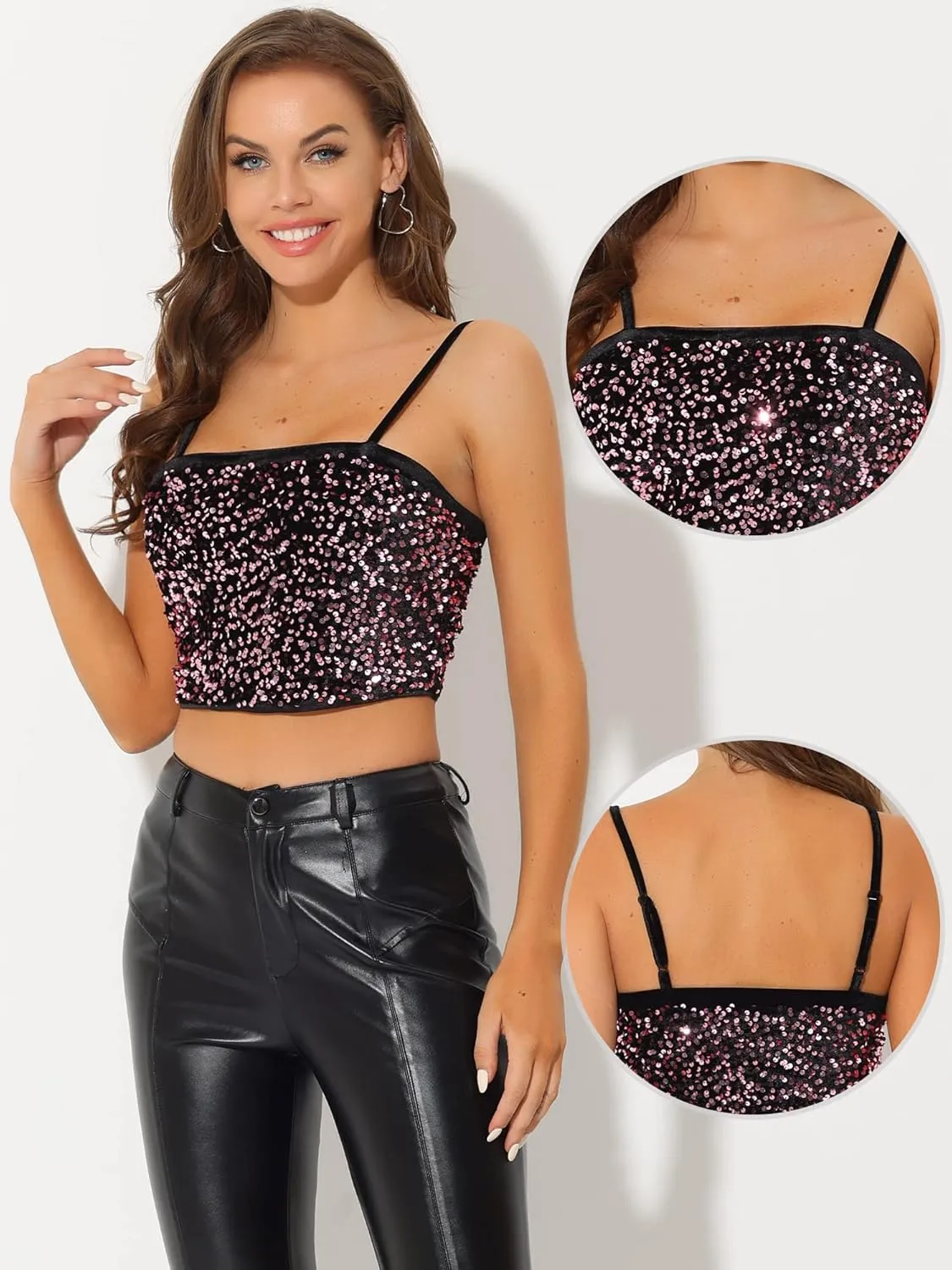 Allegra K Sequined Cami Top for Women's Velvet Spaghetti Strap Club Party Crop Tank Tops