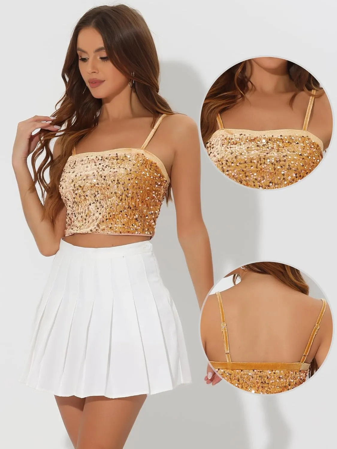 Allegra K Sequined Cami Top for Women's Velvet Spaghetti Strap Club Party Crop Tank Tops