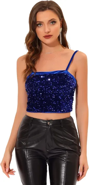 Allegra K Sequined Cami Top for Women's Velvet Spaghetti Strap Club Party Crop Tank Tops