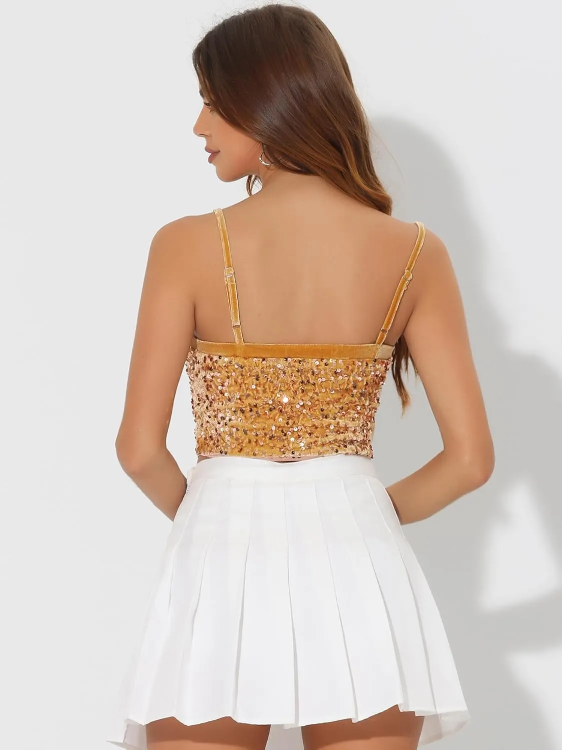 Allegra K Sequined Cami Top for Women's Velvet Spaghetti Strap Club Party Crop Tank Tops