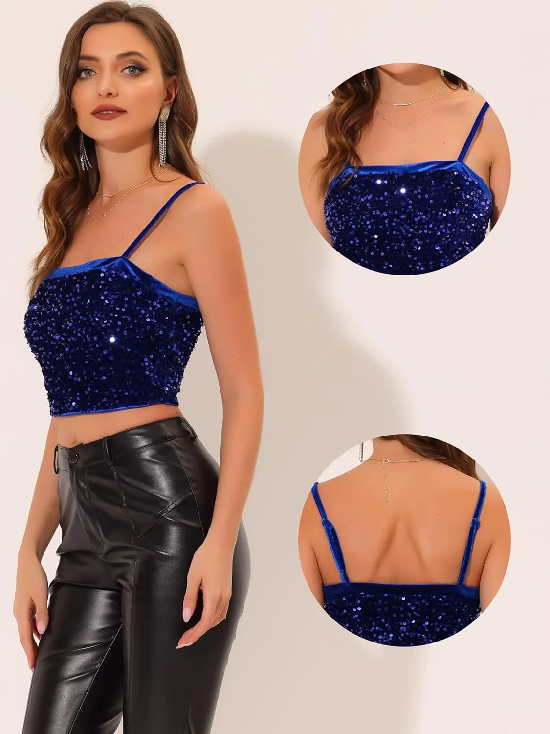 Allegra K Sequined Cami Top for Women's Velvet Spaghetti Strap Club Party Crop Tank Tops