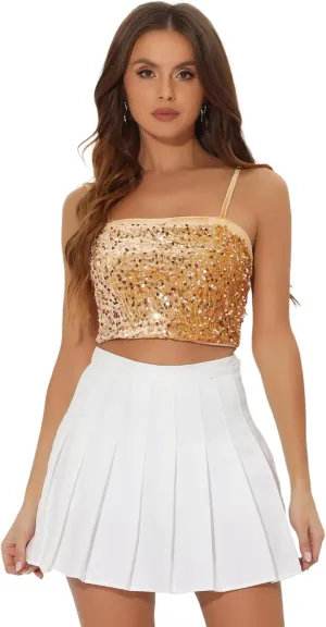 Allegra K Sequined Cami Top for Women's Velvet Spaghetti Strap Club Party Crop Tank Tops