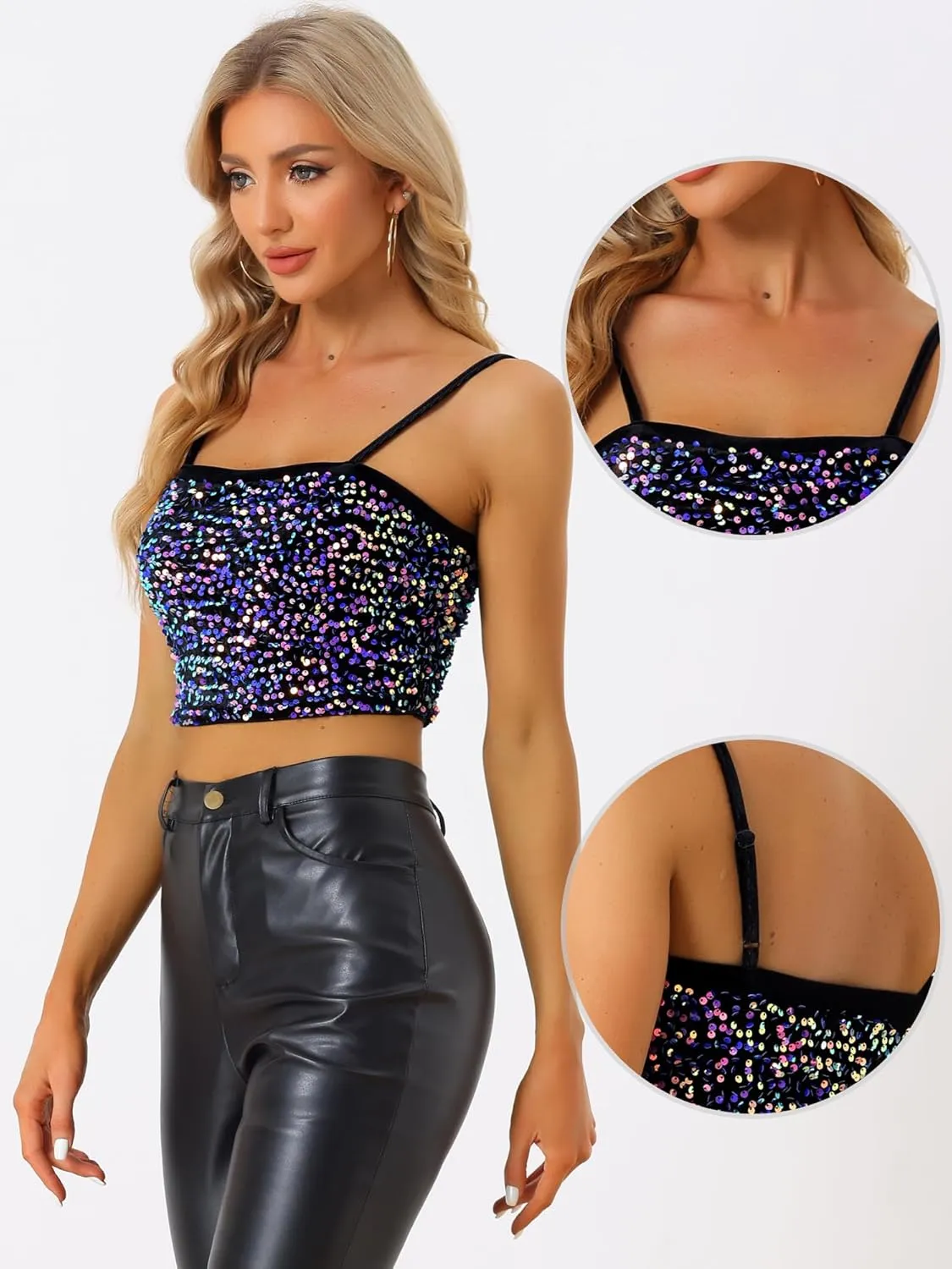 Allegra K Sequined Cami Top for Women's Velvet Spaghetti Strap Club Party Crop Tank Tops