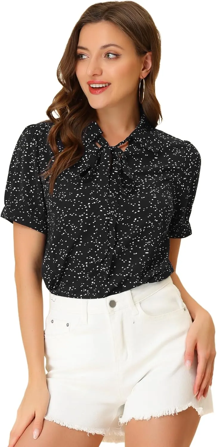 Allegra K Women's Retro Blouses Printed Bow Tie Peter Pan Collar Chiffon Blouse