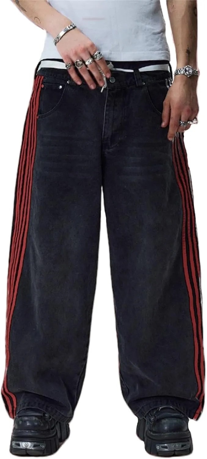 Alyweatry Men’s Vintage Baggy Jeans Oversized Low Rise Y2k Striped Skateboard Denim Track Jeans Streetwear