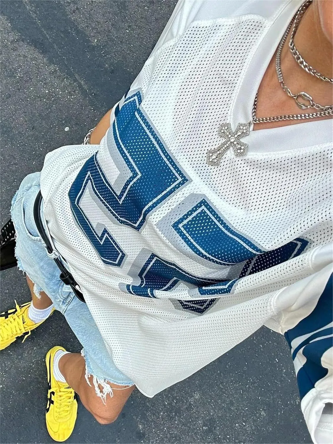 Alyweatry Women Y2k Graphic Oversized Jersey Tee Sporty Aesthetic Number Letter Print Jersey Shirt Preppy Clothes