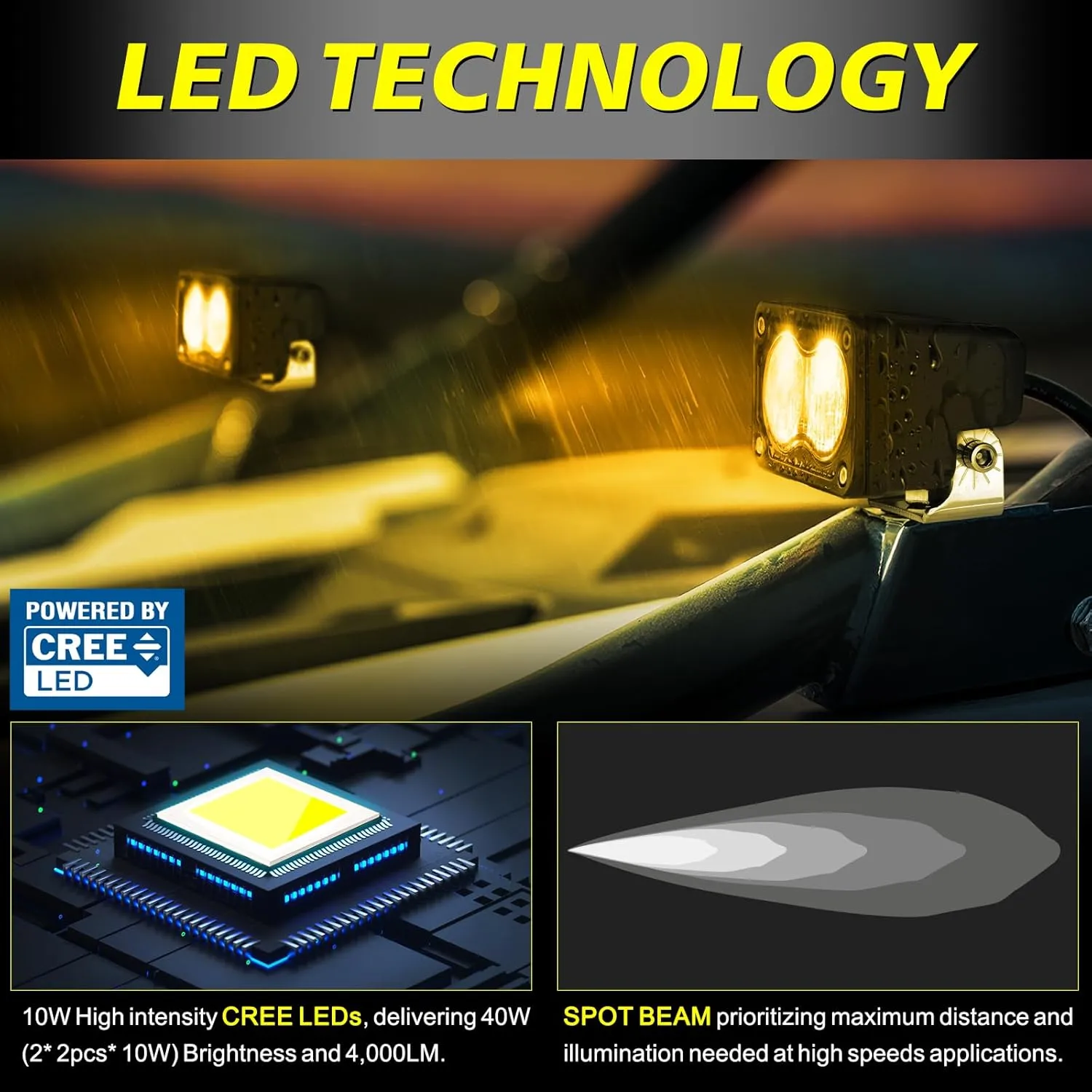 Amber LED Pods, AKD Part 3 Inch CREE LED Fog Lights 40W Spot LED Lights Pods Mini Amber Chase Lights Ditch Light 2 Packs for Truck Motorcycle UTV SUV ATV Dirt Bike Snowmobile