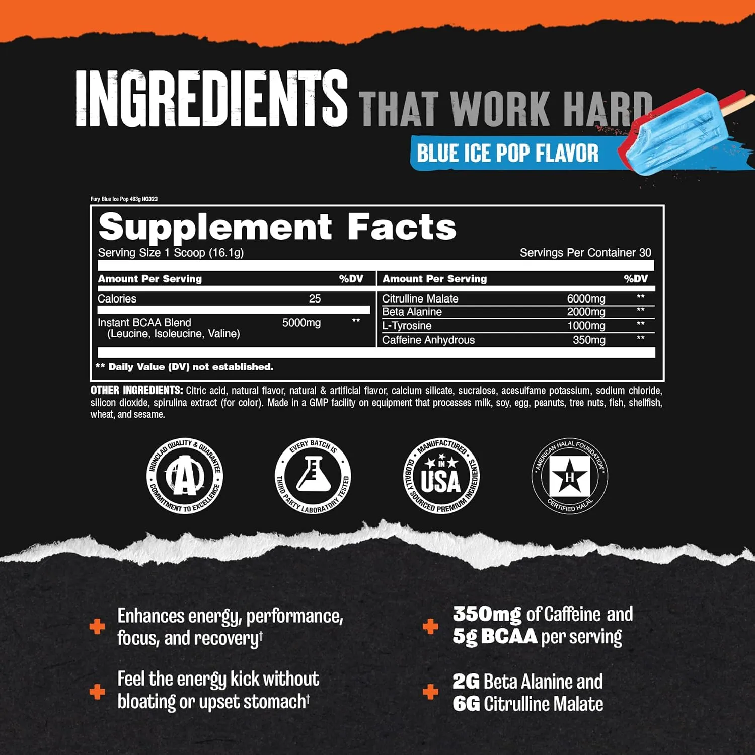 Animal Fury - Pre Workout Powder Supplement for Energy and Focus - 5g BCAA, 350mg Caffeine, Nitric Oxide, Without Creatine - Powerful Stimulant for Bodybuilders - Ice Pop