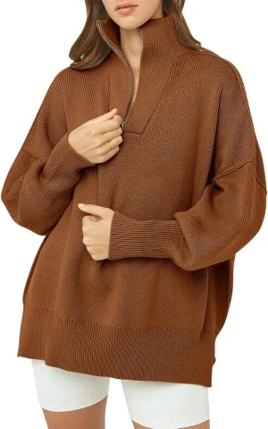 ANRABESS Women's Oversized Fashion Long Sleeve Quarter Zip Baggy Loose Slouchy Sweater Pullover Tops 2025 Fall Outfits
