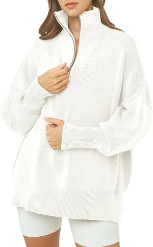 ANRABESS Women's Oversized Fashion Long Sleeve Quarter Zip Baggy Loose Slouchy Sweater Pullover Tops 2025 Fall Outfits