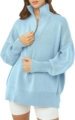 ANRABESS Women's Oversized Fashion Long Sleeve Quarter Zip Baggy Loose Slouchy Sweater Pullover Tops 2025 Fall Outfits