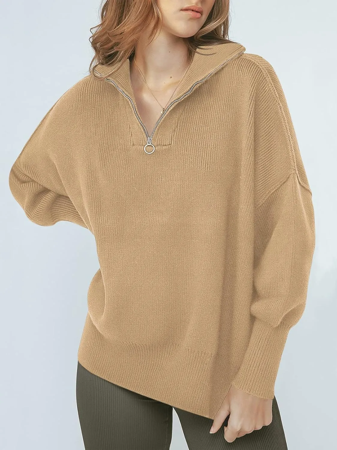 ANRABESS Women's Oversized Fashion Long Sleeve Quarter Zip Baggy Loose Slouchy Sweater Pullover Tops 2025 Fall Outfits