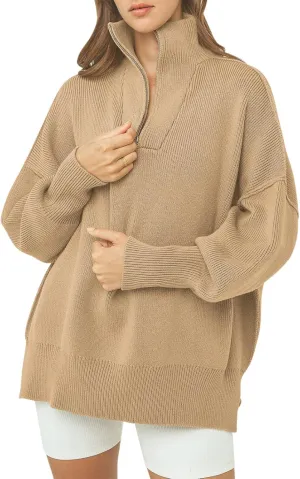 ANRABESS Women's Oversized Fashion Long Sleeve Quarter Zip Baggy Loose Slouchy Sweater Pullover Tops 2025 Fall Outfits