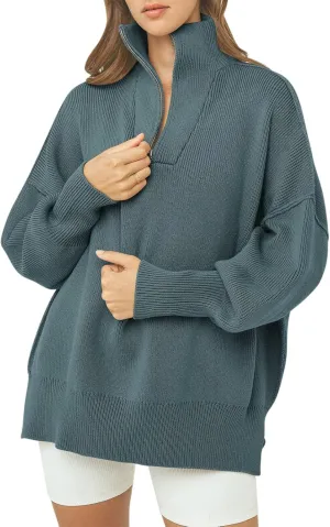 ANRABESS Women's Oversized Fashion Long Sleeve Quarter Zip Baggy Loose Slouchy Sweater Pullover Tops 2025 Fall Outfits