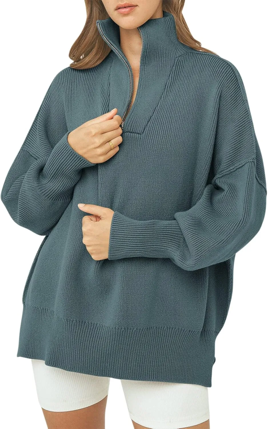ANRABESS Women's Oversized Fashion Long Sleeve Quarter Zip Baggy Loose Slouchy Sweater Pullover Tops 2025 Fall Outfits