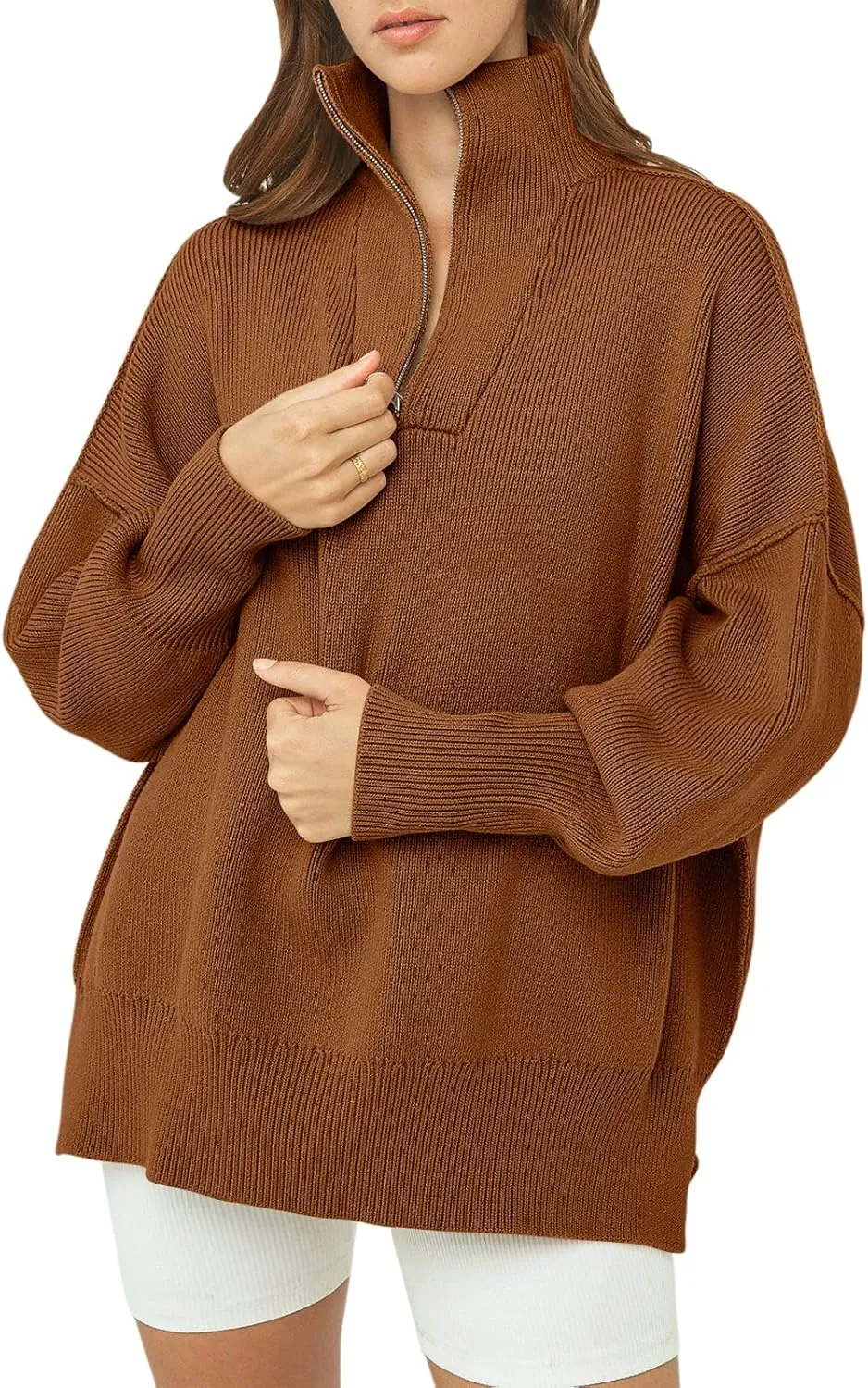 ANRABESS Women's Oversized Fashion Long Sleeve Quarter Zip Baggy Loose Slouchy Sweater Pullover Tops 2025 Fall Outfits