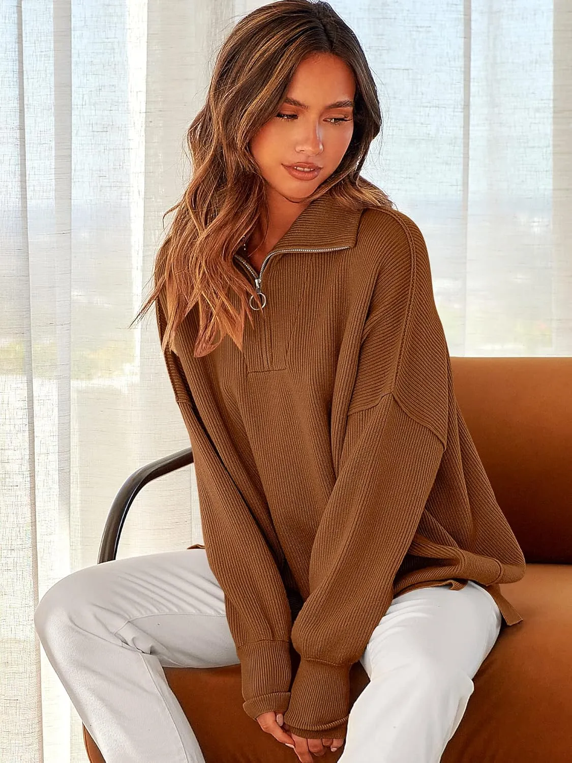 ANRABESS Women's Oversized Fashion Long Sleeve Quarter Zip Baggy Loose Slouchy Sweater Pullover Tops 2025 Fall Outfits