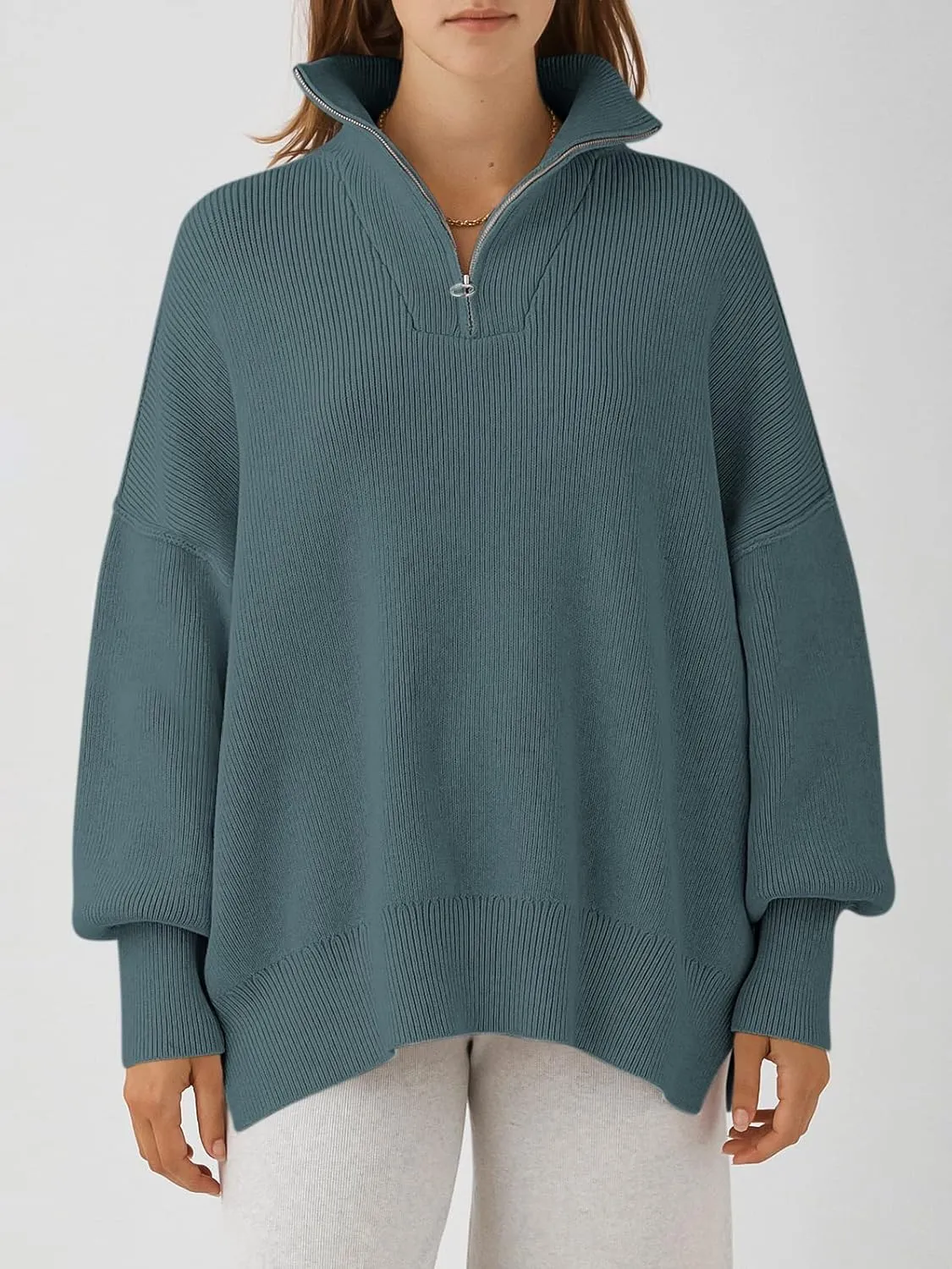 ANRABESS Women's Oversized Fashion Long Sleeve Quarter Zip Baggy Loose Slouchy Sweater Pullover Tops 2025 Fall Outfits