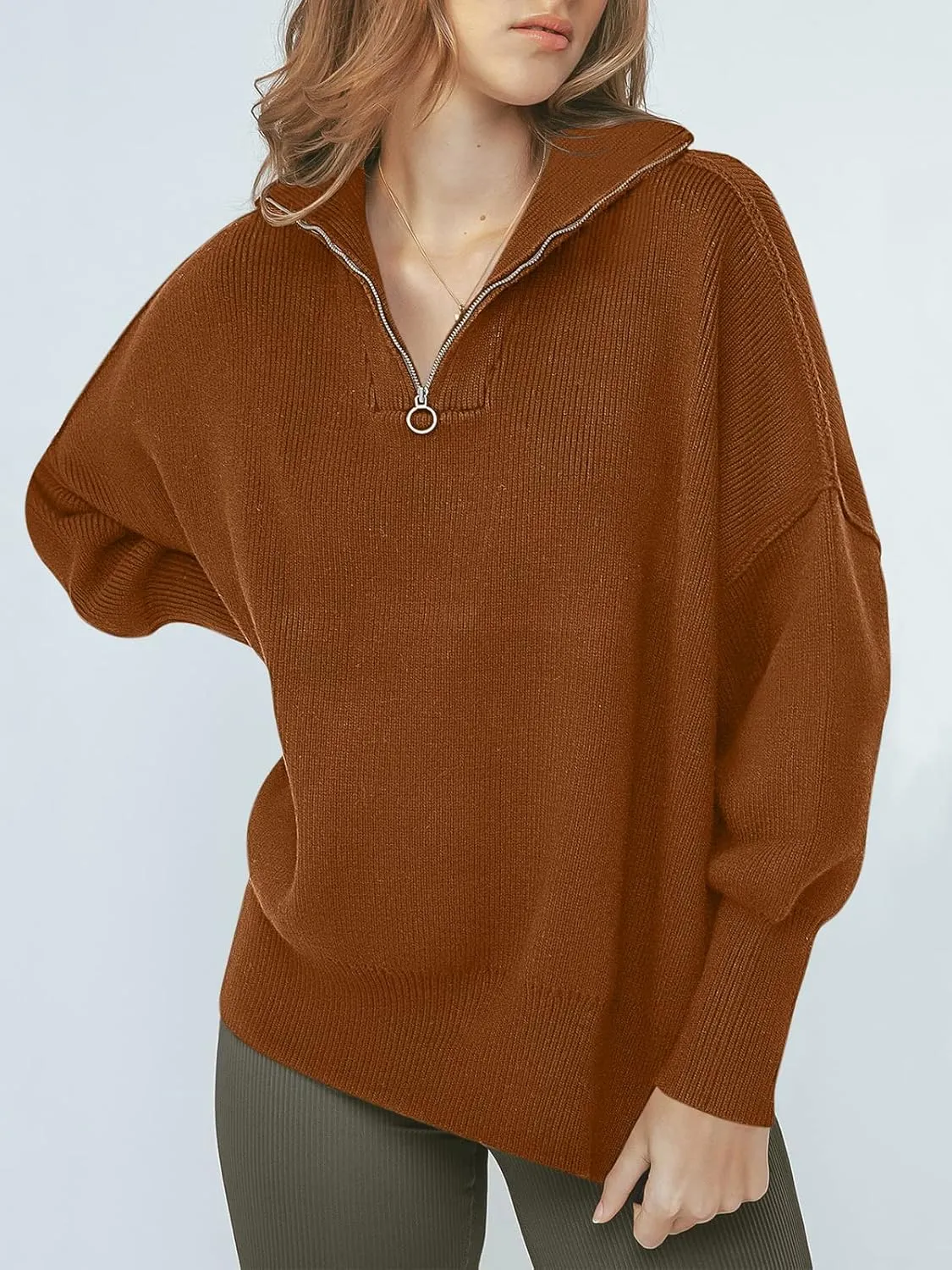 ANRABESS Women's Oversized Fashion Long Sleeve Quarter Zip Baggy Loose Slouchy Sweater Pullover Tops 2025 Fall Outfits