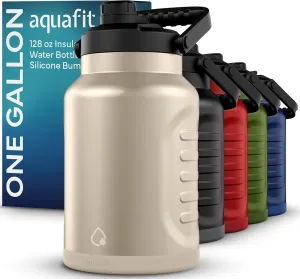 AQUAFIT 1 Gallon Insulated Water Bottle (Cold for 48 Hrs) - BPA Free & Leak Proof - 128oz Stainless Steel Jug - Big Water Bottle with Handle for Gym, Hiking, Camping & Travel (Coastal Sand)