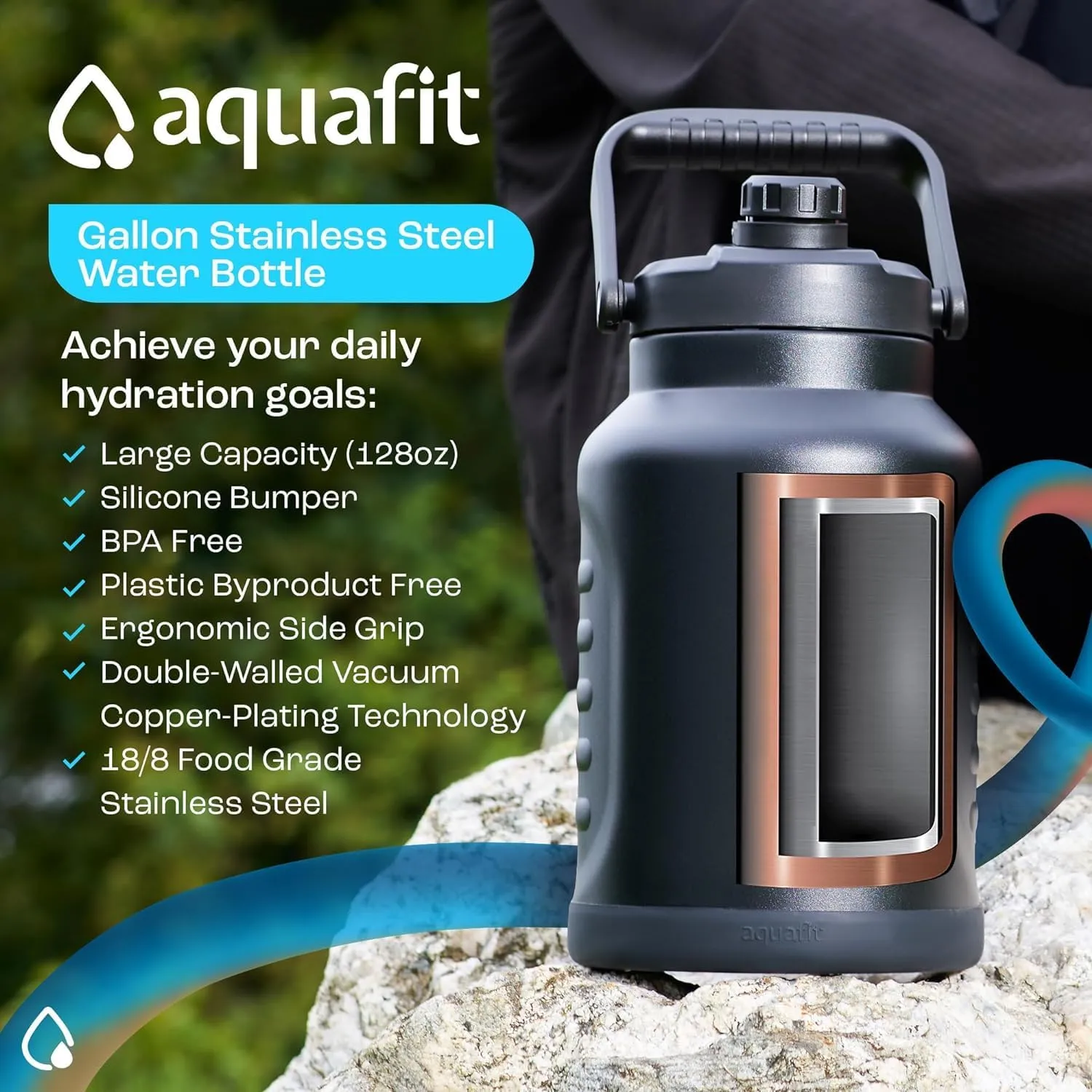 AQUAFIT 1 Gallon Insulated Water Bottle (Cold for 48 Hrs) - BPA Free & Leak Proof - 128oz Stainless Steel Jug - Big Water Bottle with Handle for Gym, Hiking, Camping & Travel (Coastal Sand)