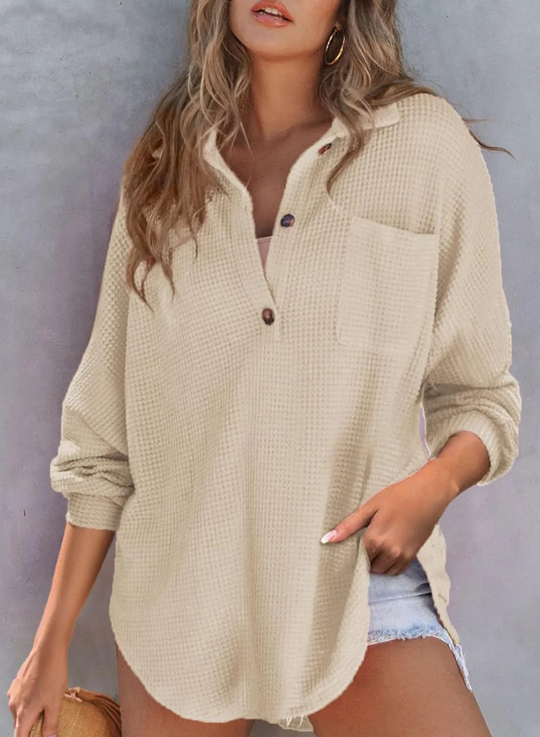 Astylish Women Waffle Knit Tops Henley Shirts Long Sleeve V Neck Solid Color Casual Tunic