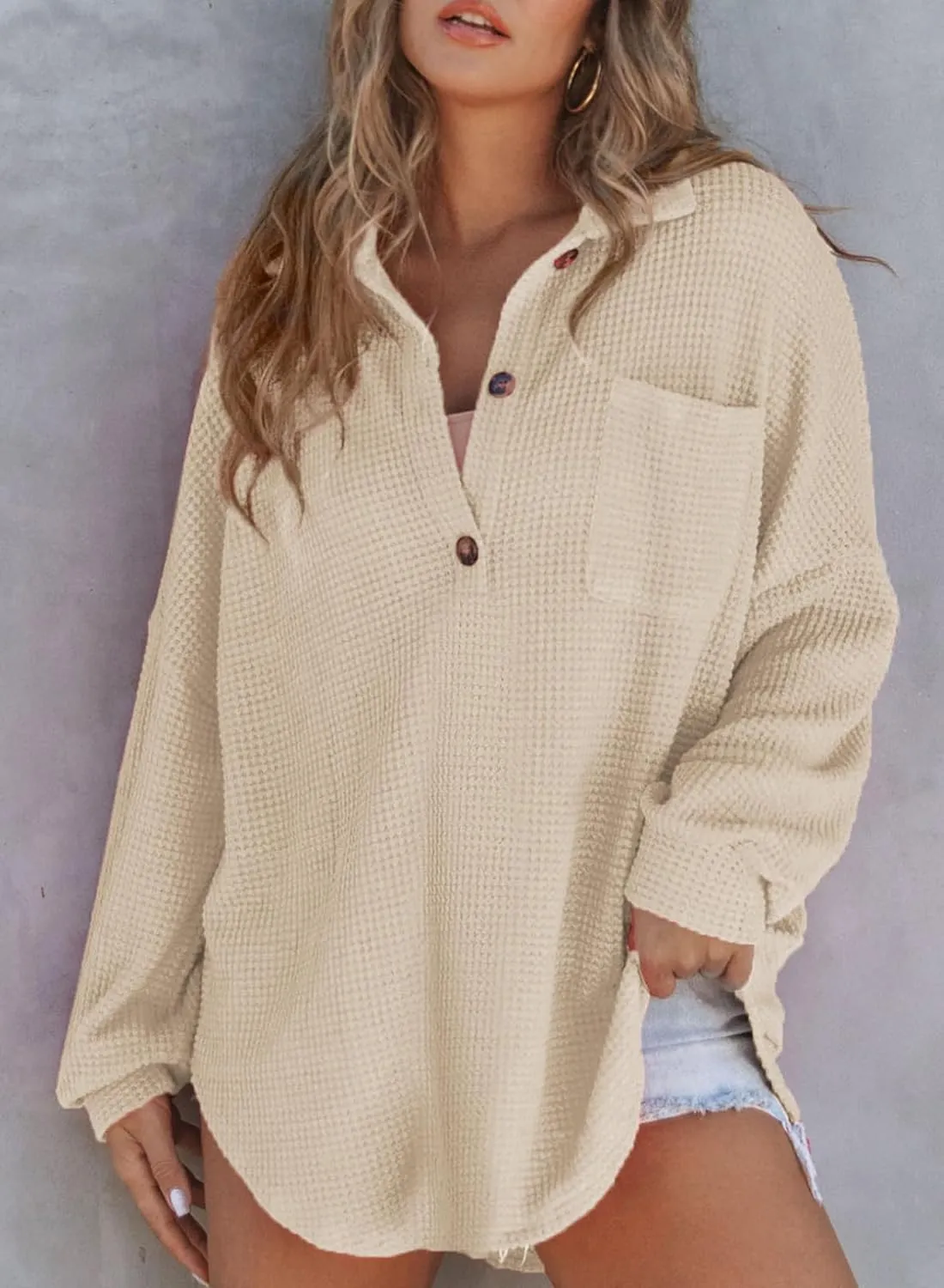 Astylish Women Waffle Knit Tops Henley Shirts Long Sleeve V Neck Solid Color Casual Tunic