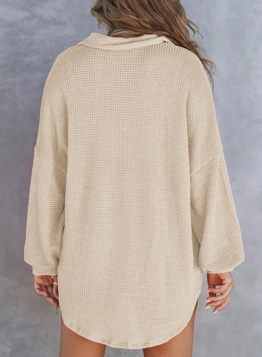 Astylish Women Waffle Knit Tops Henley Shirts Long Sleeve V Neck Solid Color Casual Tunic