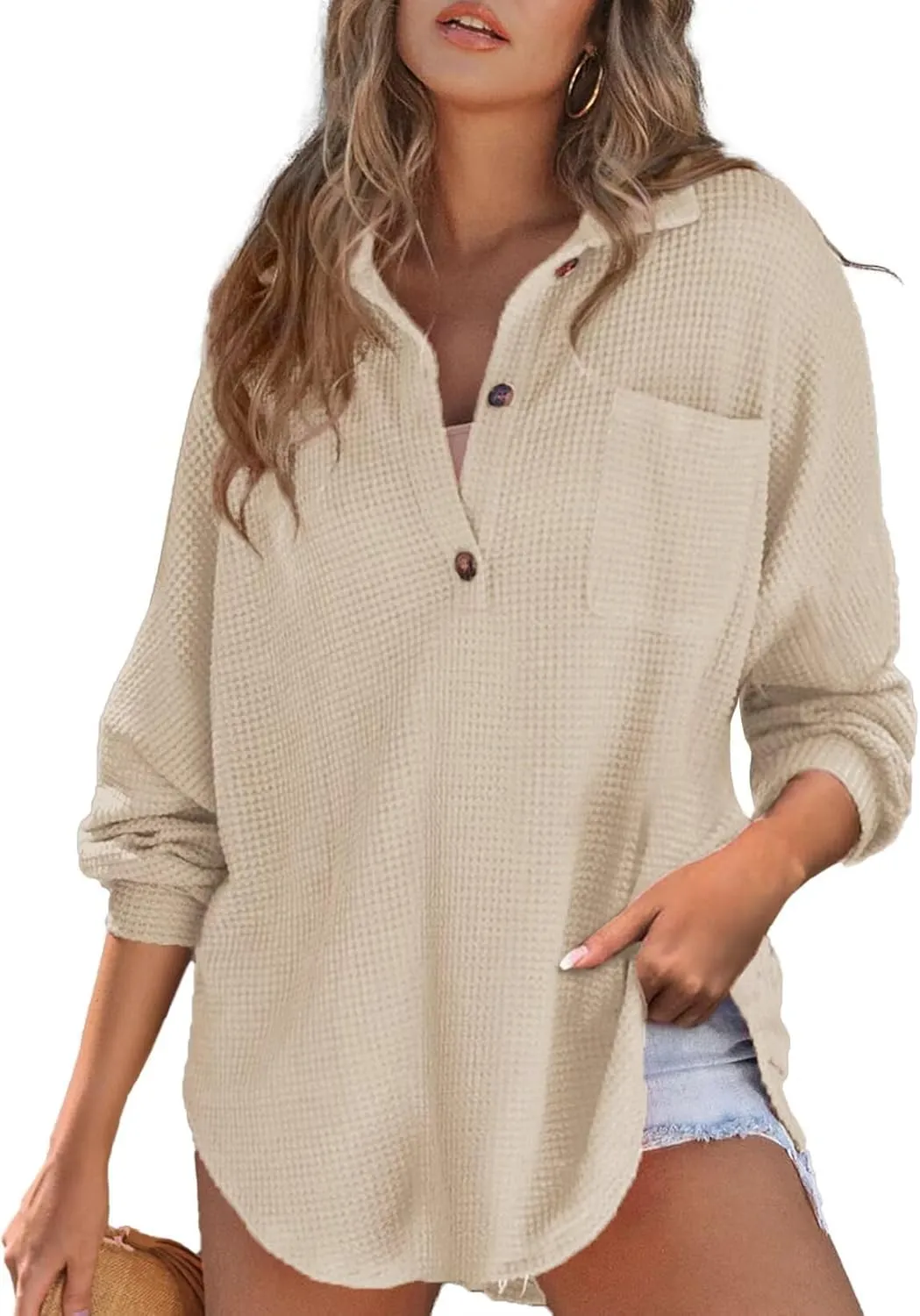 Astylish Women Waffle Knit Tops Henley Shirts Long Sleeve V Neck Solid Color Casual Tunic