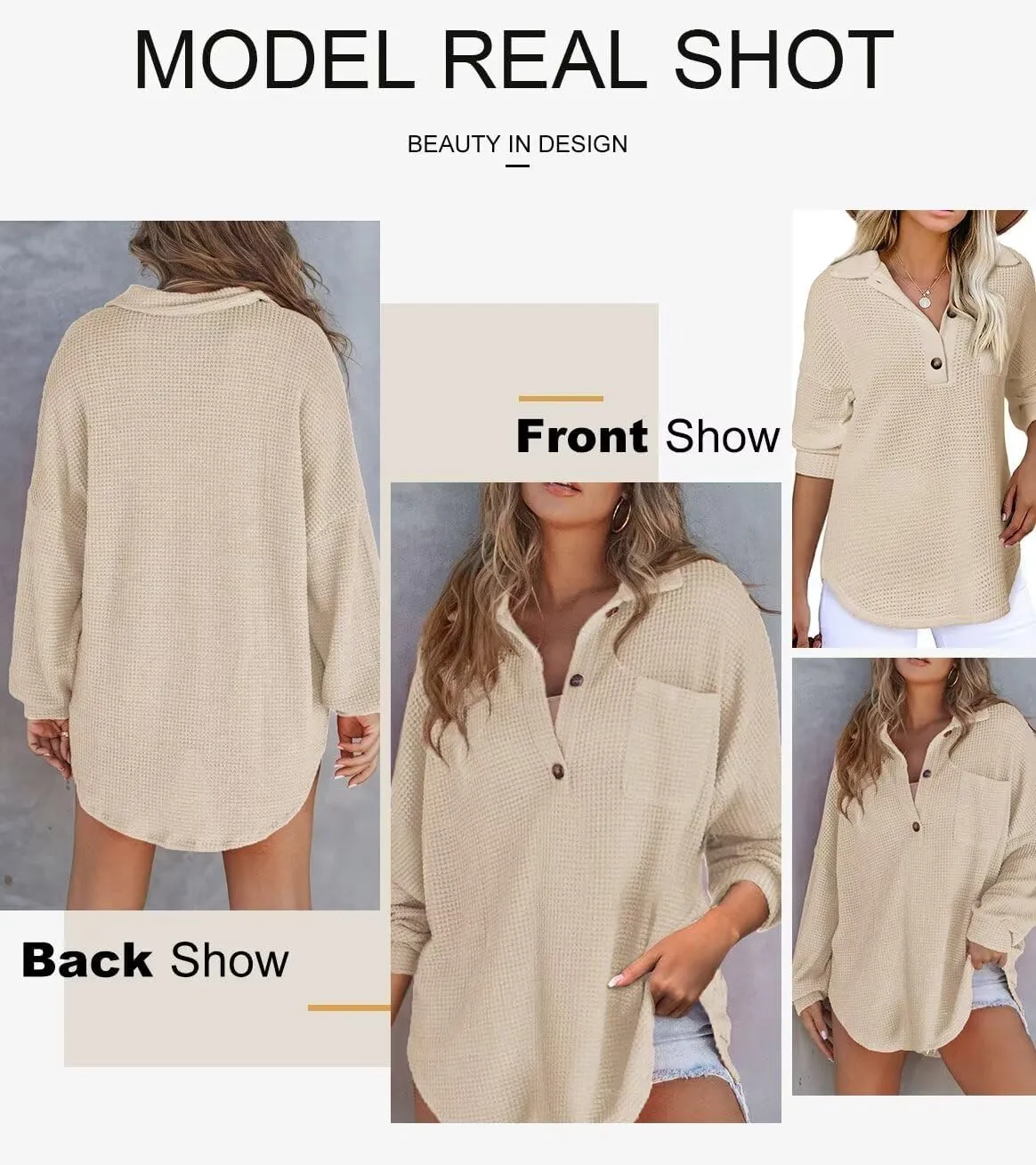 Astylish Women Waffle Knit Tops Henley Shirts Long Sleeve V Neck Solid Color Casual Tunic