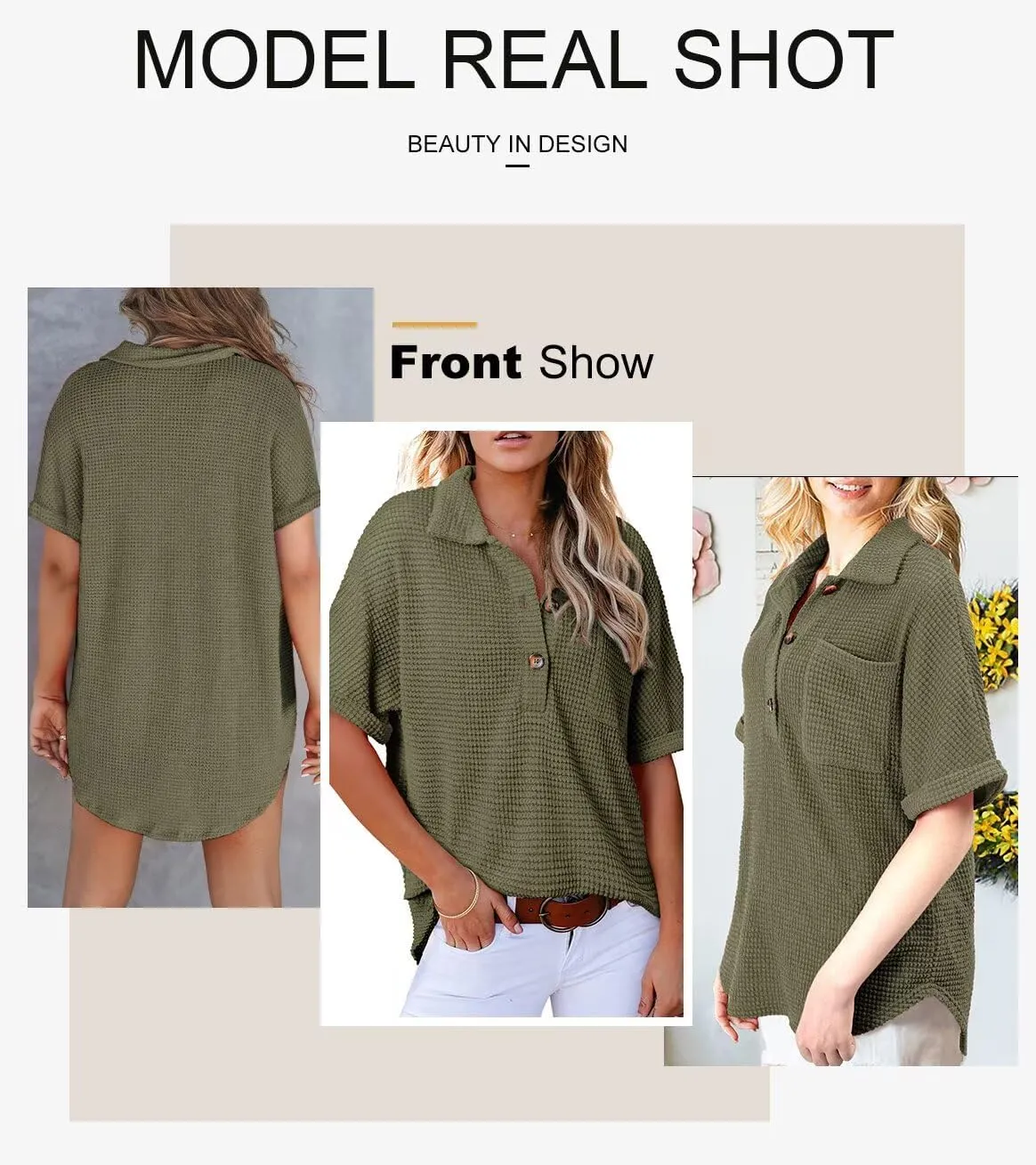 Astylish Women Waffle Knit Tops Henley Shirts Short Sleeve V Neck Solid Color Casual Tunic