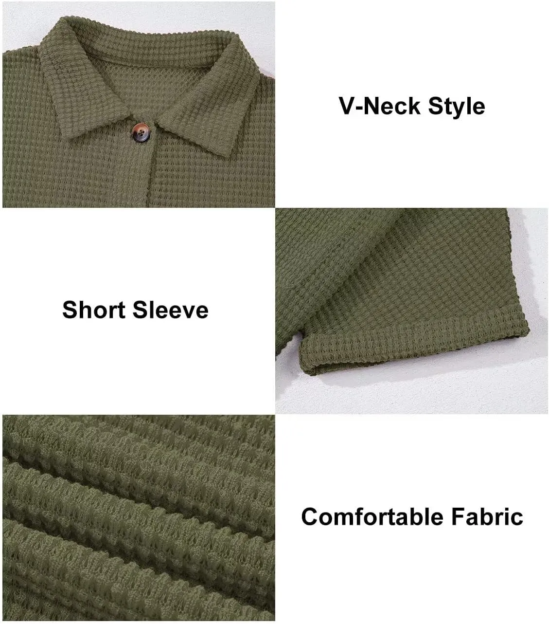 Astylish Women Waffle Knit Tops Henley Shirts Short Sleeve V Neck Solid Color Casual Tunic