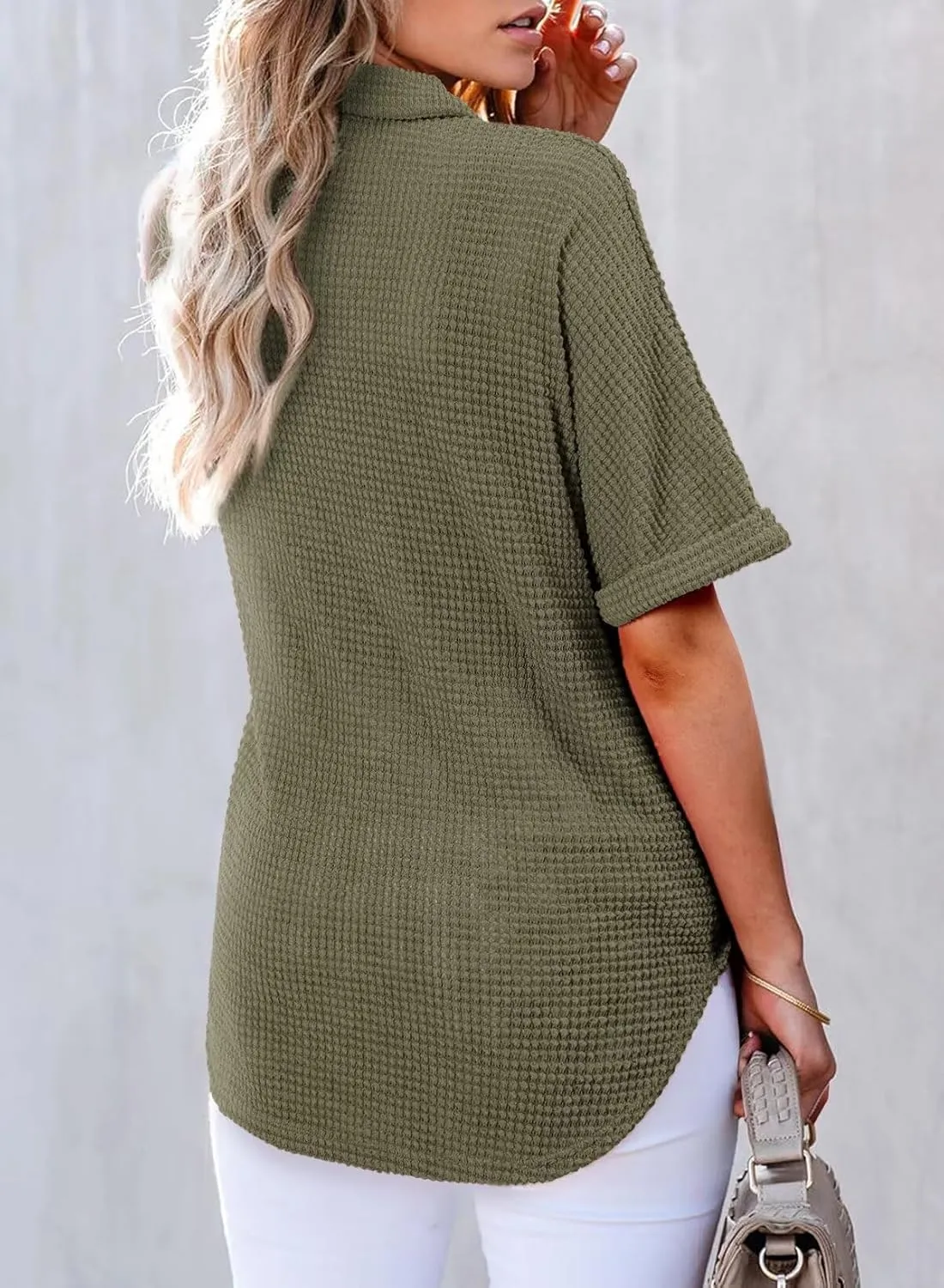 Astylish Women Waffle Knit Tops Henley Shirts Short Sleeve V Neck Solid Color Casual Tunic