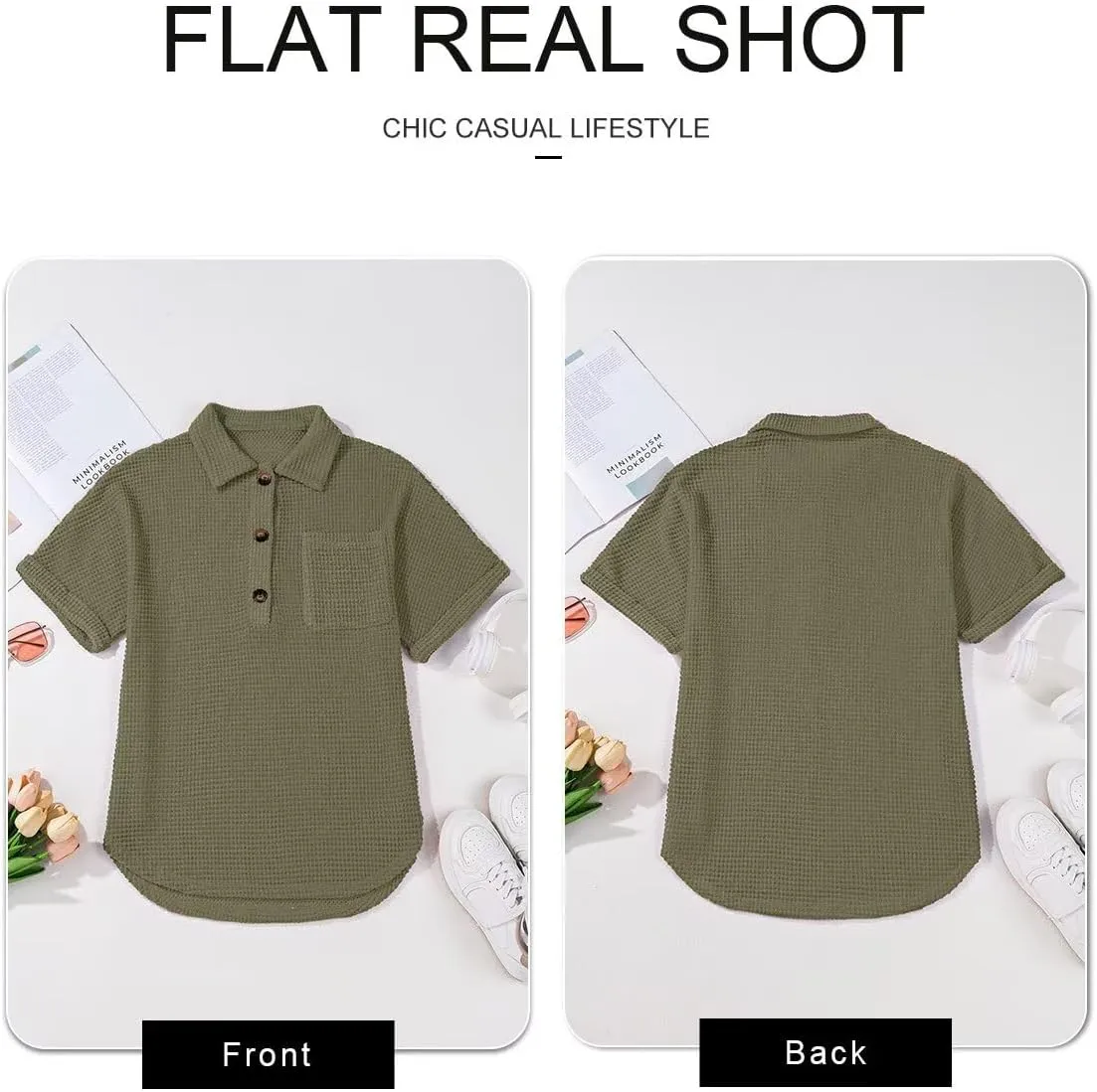 Astylish Women Waffle Knit Tops Henley Shirts Short Sleeve V Neck Solid Color Casual Tunic